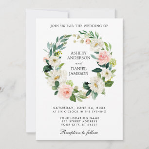 Watercolor Floral Wreath Pink White Wedding Invitation
