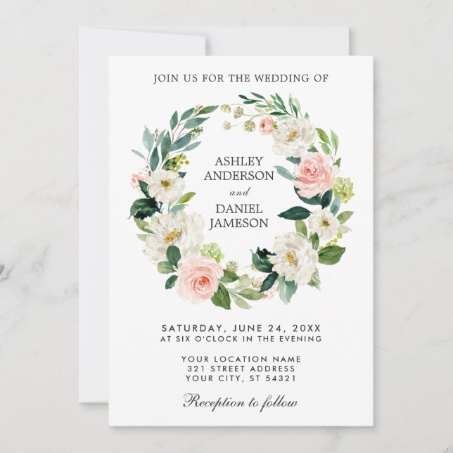 Watercolor Floral Wreath Pink White Wedding Invitation (Front)