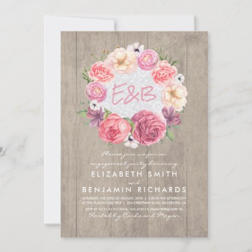 Watercolor Floral Wreath Rustic Engagement Party Invitation