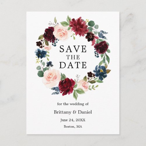 Watercolor Floral Wreath Save The Date Announcement Postcard