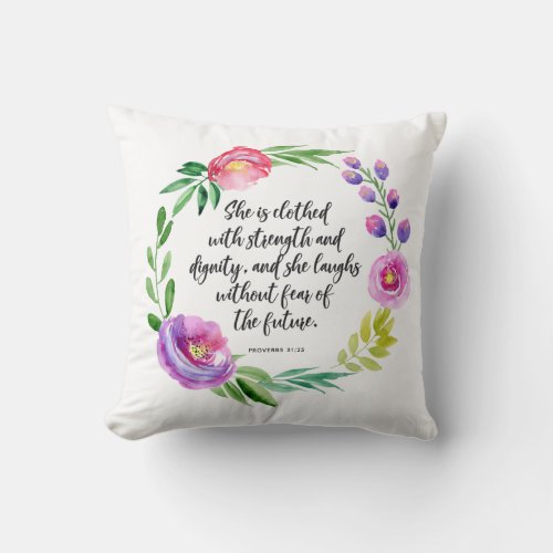 Watercolor Floral Wreath  Strength and Dignity Throw Pillow