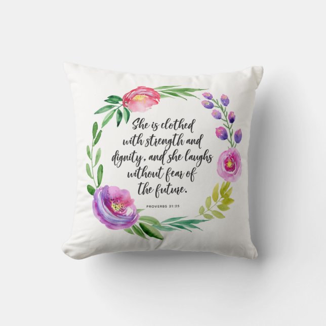 Watercolor Floral Wreath | Strength and Dignity Throw Pillow (Front)