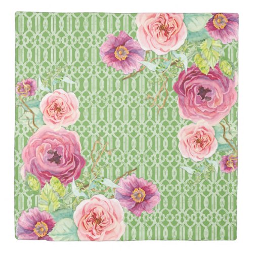 Watercolor Floral Wreath Trellis Pattern Greenery Duvet Cover