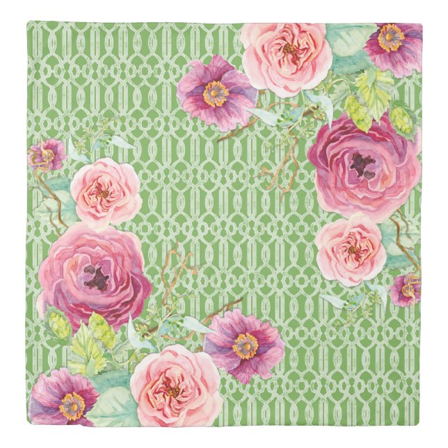 Watercolor Floral Wreath Trellis Pattern Greenery Duvet Cover (Front)