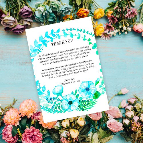 Watercolor Floral Wreath Turquoise Wedding  Thank You Card