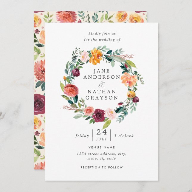 Watercolor Floral Wreath Wedding Invitation (Front/Back)