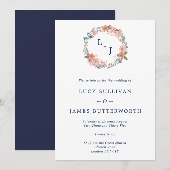 Watercolor Floral Wreath Wedding Invitation (Front/Back)