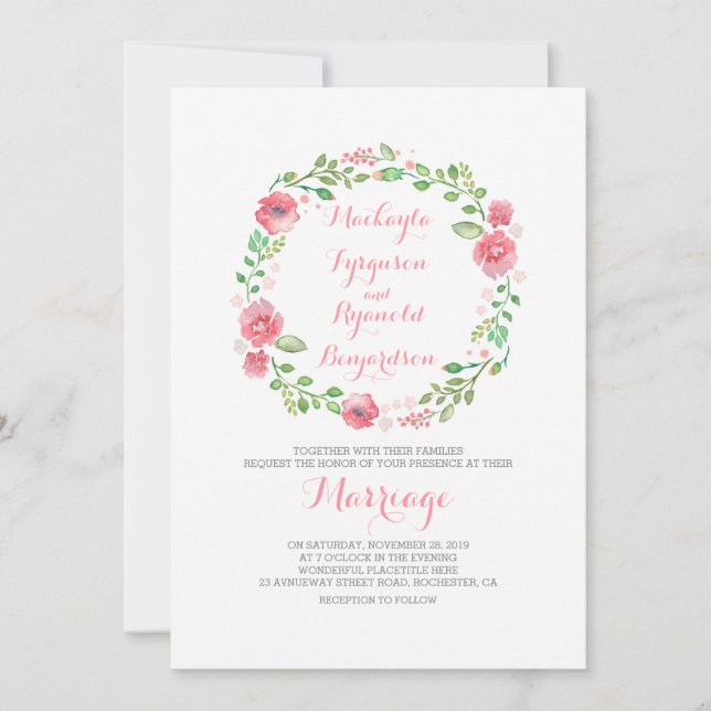 watercolor floral wreath wedding invitations (Front)