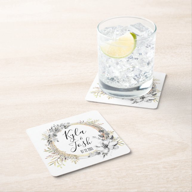 Watercolor Floral Wreath Wedding Personalized  Square Paper Coaster (Insitu)