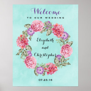Watercolor Floral Wreath Wedding Welcome Poster