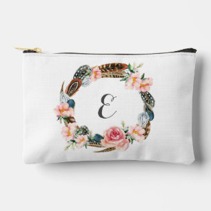 Watercolor Floral Wreath with Feathers   Monogram Accessory Pouch