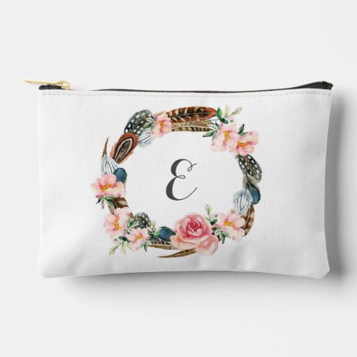Watercolor Floral Wreath with Feathers  Monogram Accessory Pouch