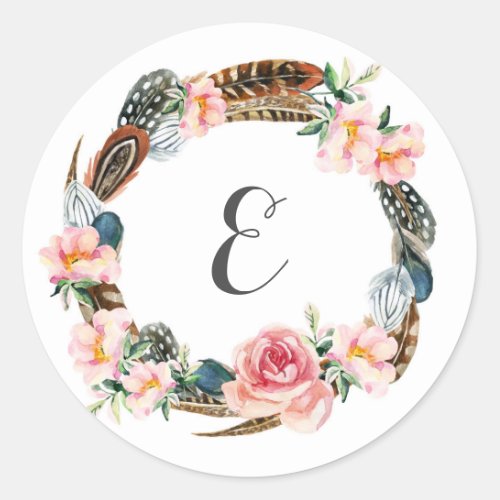 Watercolor Floral Wreath with Feathers  Monogram Classic Round Sticker