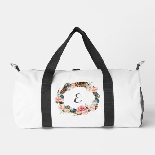 Watercolor Floral Wreath with Feathers  Monogram Duffle Bag