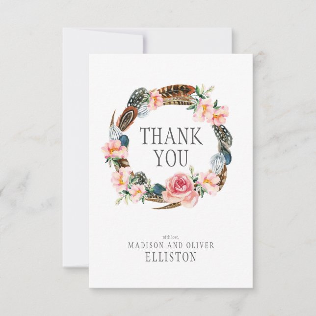 Watercolor Floral Wreath with Feathers | Thank You (Front)