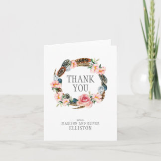 Watercolor Floral Wreath with Feathers | Thank You Card
