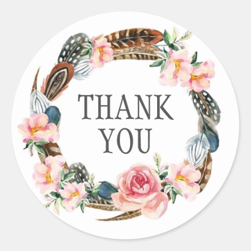 Watercolor Floral Wreath with Feathers  Thank You Classic Round Sticker