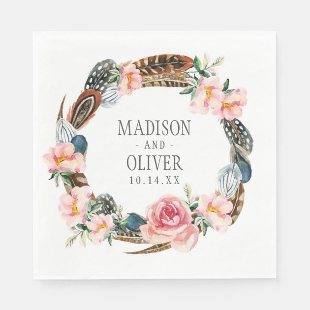 Watercolor Floral Wreath With Feathers | Wedding Paper Napkin