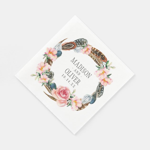 Watercolor Floral Wreath With Feathers | Wedding Paper Napkin
