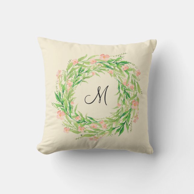 Watercolor Floral Wreath with Monogram Throw Pillow (Front)