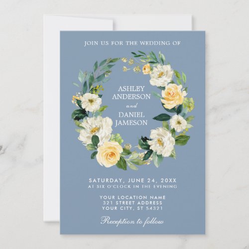 Watercolor Floral Wreath Yellow Dusty Blue Wedding Invitation