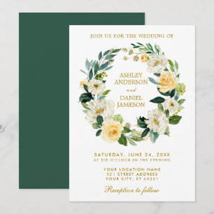 Watercolor Floral Wreath Yellow Gold Green Wedding Invitation