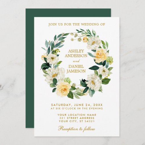 Watercolor Floral Wreath Yellow Gold Green Wedding Invitation