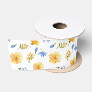 Watercolor floral Yellow and blue Flowers Satin Ribbon
