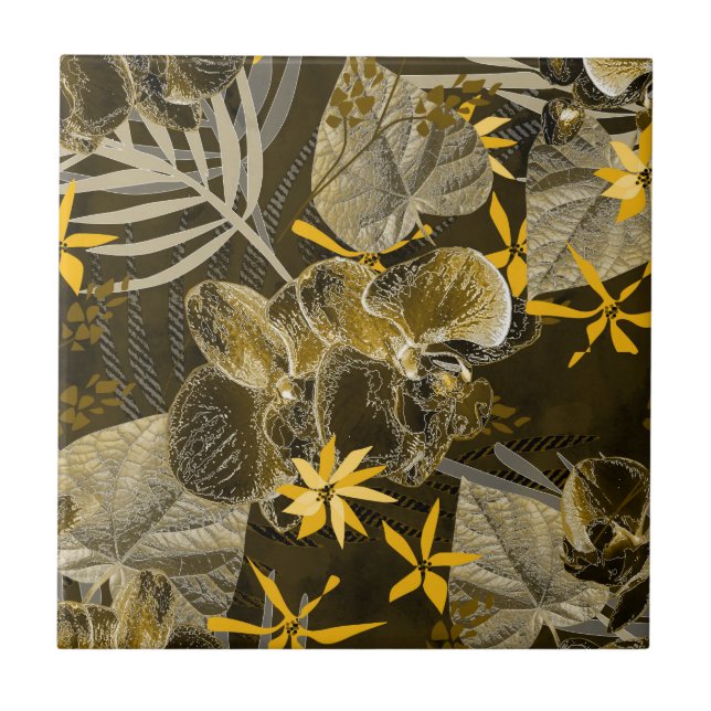 Watercolor floral yellow-brown pattern.  ceramic tile (Front)