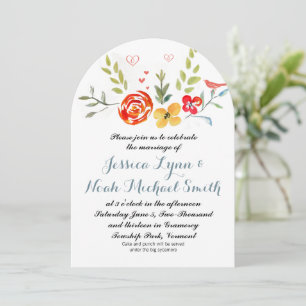 Watercolor Floral Yellow Coral Azure Blue Wedding Invitation