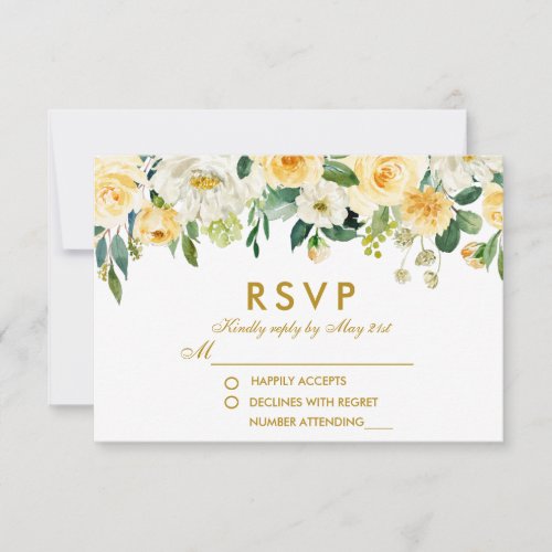 Watercolor Floral Yellow Gold White RSVP Wedding