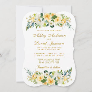 Watercolor Floral Yellow Gold White  Wedding Invitation