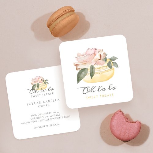 Watercolor Floral Yellow Macaron Bakery  Sweets Square Business Card
