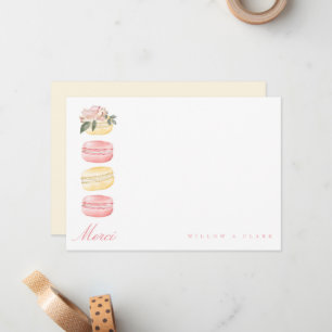 Watercolor Floral Yellow Macaron Merci/Thank You Note Card