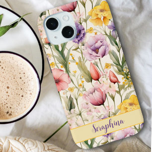 Watercolor Floral Yellow Pink Purple Custom Name iPhone 15 Case