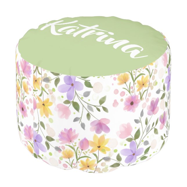 Watercolor Floral Yellow Pink Purple Green Pouf (Angled Back)