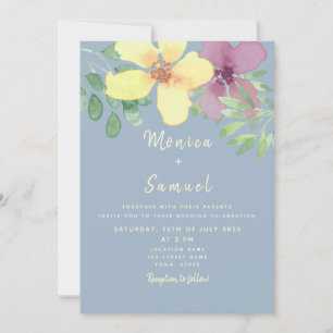 Watercolor Floral Yellow Purple Dusty Blue Wedding Invitation