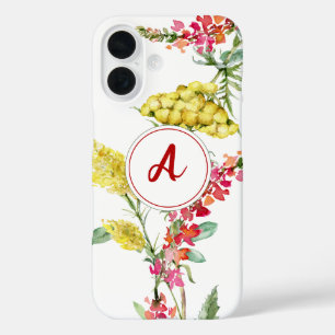Watercolor Floral Yellow Red Wildflower Monogram iPhone 16 Case