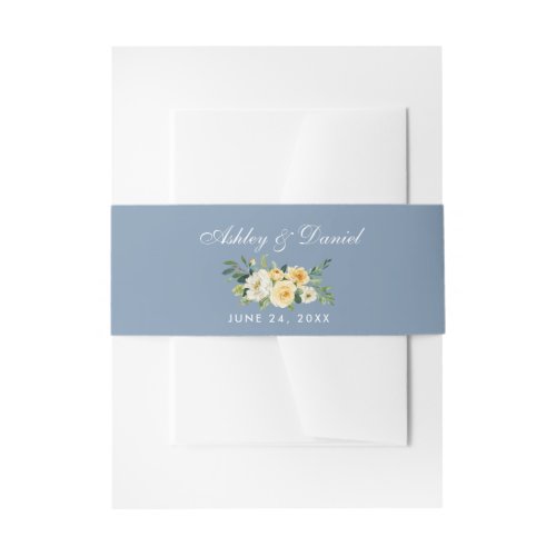 Watercolor Floral Yellow White Dusty Blue Wedding Invitation Belly Band