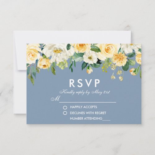 Watercolor Floral Yellow White Dusty Blue Wedding RSVP Card