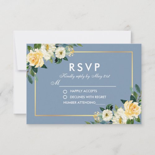 Watercolor Floral Yellow White Dusty Blue Wedding RSVP Card