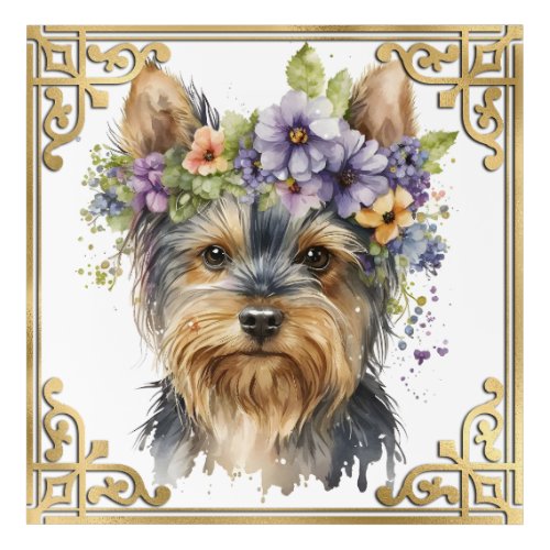 Watercolor Floral Yorkshire Terrier  Gold Frame Acrylic Print