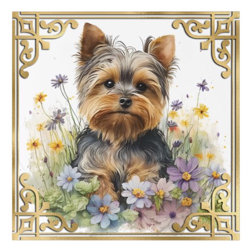 Watercolor Floral Yorkshire Terrier  Gold Frame Acrylic Print