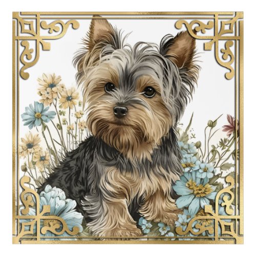 Watercolor Floral Yorkshire Terrier  Gold Frame Acrylic Print