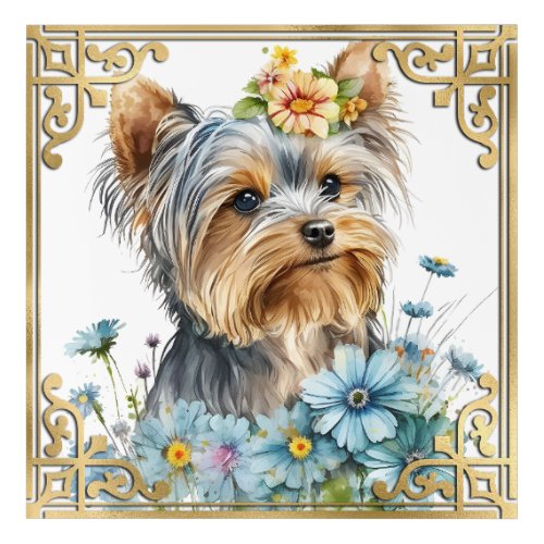 Watercolor Floral Yorkshire Terrier  Gold Frame Acrylic Print