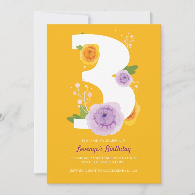 Watercolor Florals 3rd Birthday Party Save The Date (Front)