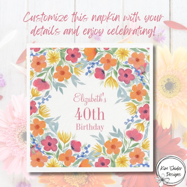 Watercolor Florals 40th Birthday Napkins (Creator Uploaded)