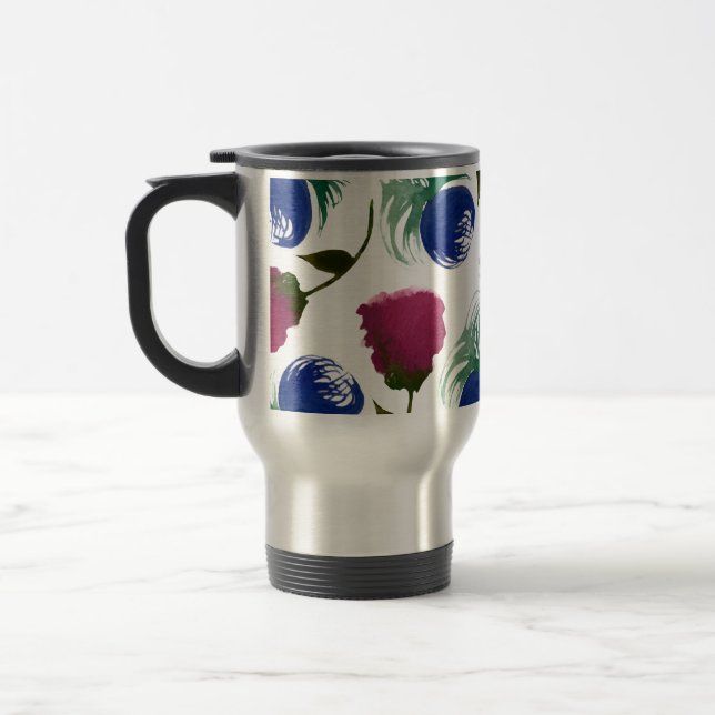 Watercolor Florals Blue Burgundy Greenery Paint Travel Mug (Left)