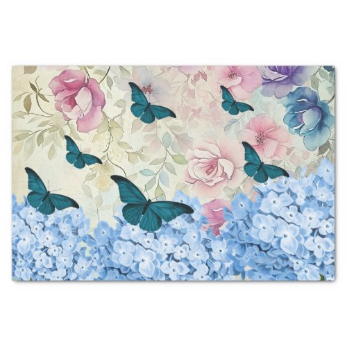 Watercolor Florals Blue Hydrangea  Butterflies Tissue Paper