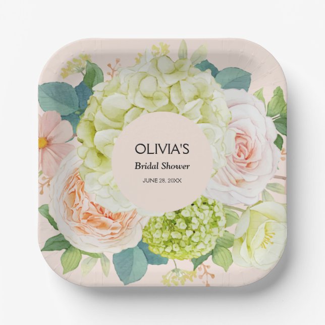 Watercolor Florals Blush Pink Bridal Shower Paper Plates (Front)